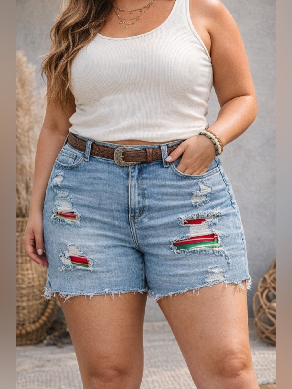 Judy Blue Plus Sz 2XL Serape Patch Distressed Denim Shorts Mid Rise Raw Hem NWT